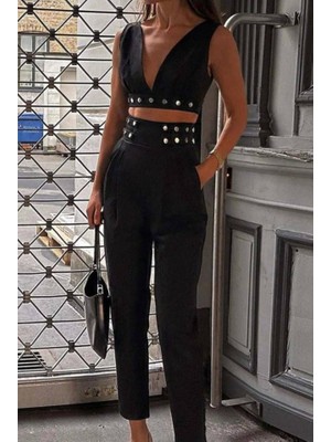 ModaSize Kadın Double Krep Kumaş Düğme Aksesuar Detaylı Takım