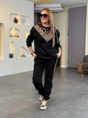 ModaSize Kadın Üç Iplik Kumaş Leopar Desenli Dantel Detaylı Ikili Takım