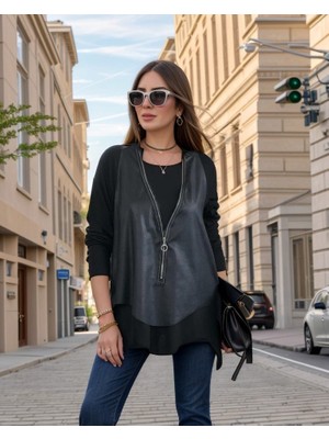 ModaSize Kadın Uzun Kol Asimetrik Kesim Viskon Bluz ve Çatlak Deri Görünümlü Fermuar Detaylı Yelek Ikili Takım