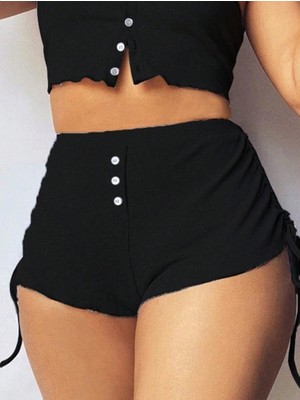 ModaSize Kadın Ip Askılı Crop Bluz ve Yanlardan Büzgülü Ikili Kaşkorse Short Takım