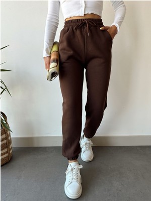 Schlank Kadın Kahverengi Kışlık Kalın Içi Polarlı Yüksek Bel Paçası Lastikli Basic Jogger Eşofman Altı