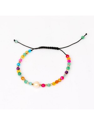 Taş Sandığı Renkli Akik ve Gerçek Incili Ayarlanabilir Doğal Taş Bileklik ( 4mm )