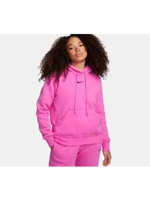 Nike Sportswear Pembe Kadın Kapüşonlu Fleece Po Hoodie Uzun Kol Düz Desenli Rahat Sweatshirt