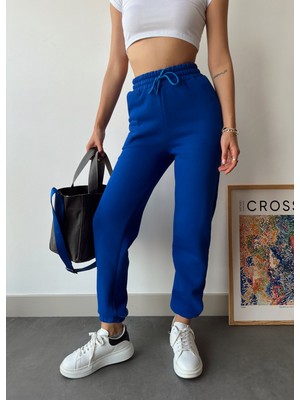 Schlank Kadın Lacivert Kışlık Kalın Içi Polarlı Yüksek Bel Paçası Lastikli Basic Jogger Eşofman Altı