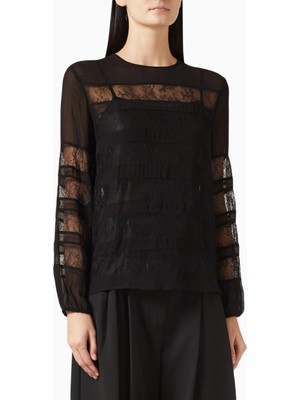 Marella Piquet Viskon Dantel Şeritli Bluz, Şeffaf Georgette Zarif Tasarım