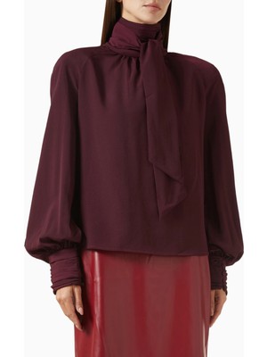 Oversized Bow-Neck Blouse, Lüks Georgette Yüksek Yakalı Şık Balon Kollu Bluz