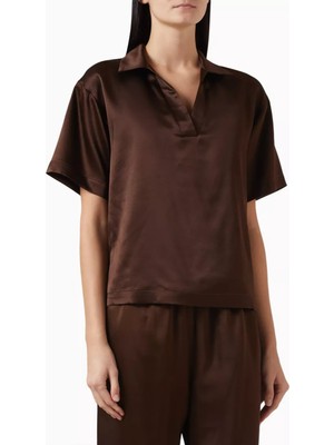 Asceno Modena Ipek Wool Satin Bluz Dark Brown Zarif & Rahat