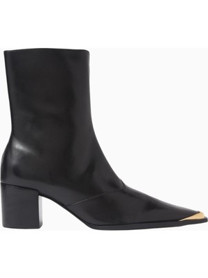 Schutz Raffaela 55 Siyah Deri Metal Burun Detaylı, Orta Boy Lüks Topuklu Bot