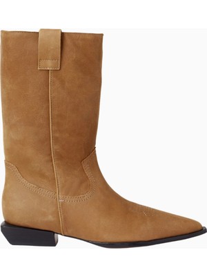 Schutz Ashley 30 Kahverengi Deri Western Topstitch, Düşük Blok Topuklu Lüks Bot