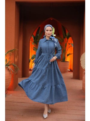 Comstar Kadın Trend Şık Terikoton Lacivert Uzun Elbise