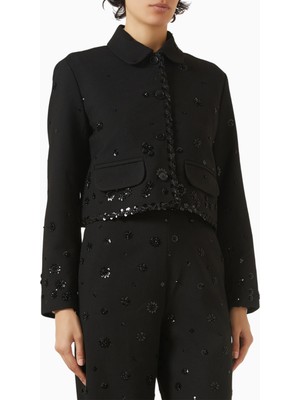 Maje Çiçek Işlemeli Payetli Kısa Ceket, Siyah, Şık Uzun Kollu ve Düğmeli Tasarım