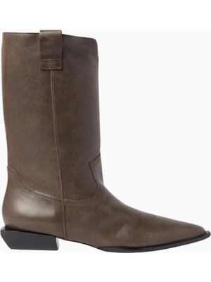 Schutz Western Kahverengi Deri, Blok Topuklu Işlemeli Modern Western Bot