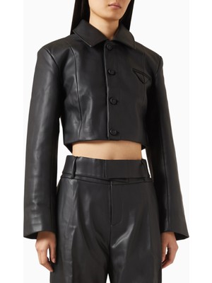 Maniere De Voir Ania, Siyah Vegan Deri Kısa Ceket, Geniş Omuzlu ve Lüks Tasarım