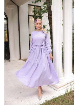 Comstar Kadın Şık Kendinden Dokulu Kuşaklı Lila Uzun Elbise