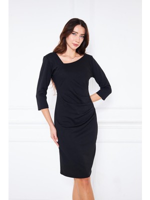 Comstar Asimetrik Yaka Belden Pileli Ithal Krep Mini Elbise