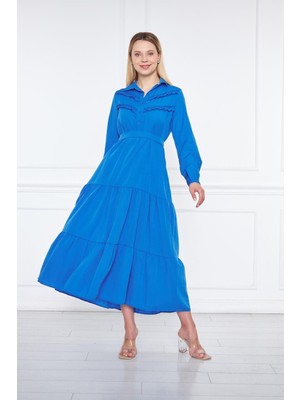 Comstar Kadın Katlı Pilise Detaylı Gömlek Yaka Elbise