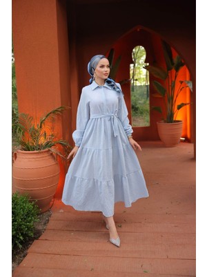 Comstar Kadın Trend Şık Terikoton Mavi Uzun Elbise