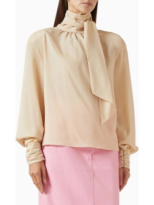 Oversized Bow-Neck Blouse, Lüks Georgette Yüksek Yakalı Şık Balon Kollu Bluz