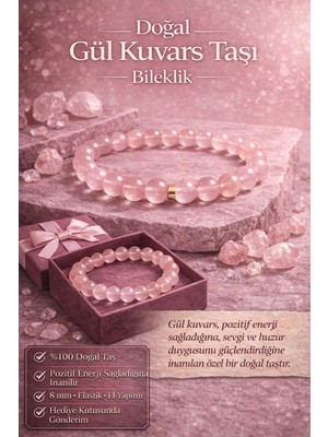 Modvina 8 mm Doğal Gül Kuvars Taşı Bileklik | Pozitif Enerji & Sevgi Taşı | El Yapımı Elastik Bileklik
