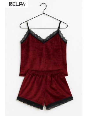 Belpa Sıla Sella Kadife Dantel Detaylı Şortlu Takım