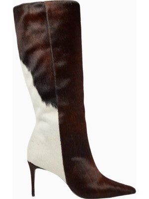 Black Suede Studio Ember 80 Kahverengi Cow-Print Pony Hair Diz Altı, Sivri Burun Ince Topuklu Çizme