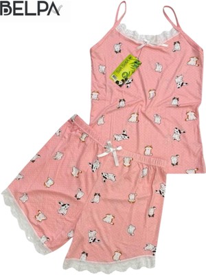 Belpa Sıla Sella Bamboo Kadın Şortlu Pijama Takımı – Askılı Dantel Detaylı
