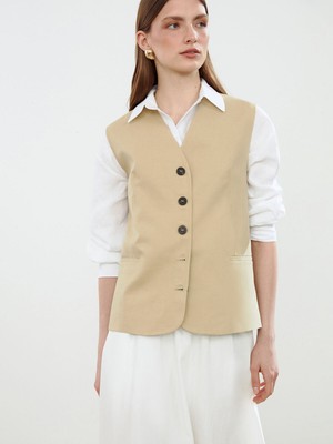 Lc Waikiki Yeni Sezon V Yaka Keten Karışımlı Kadın Klasik Yelek