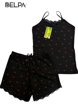 Belpa Sıla Sella Bamboo Kadın Şortlu Pijama Takımı – Askılı Dantel Detaylı