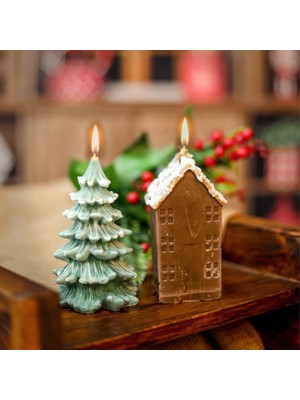 Vintage Çam Ağacı ve Ev Mum Seti - Amber ve Çam Kokulu