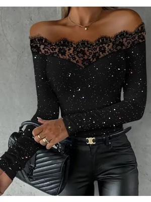 Bosel Kadın Uzun Kollu Güpürlü Madonna Yaka Taşlı Mikro Bluz