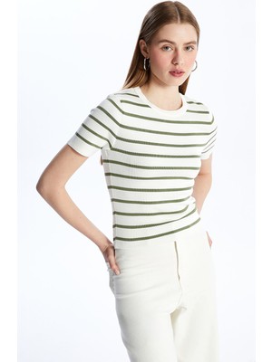 Lc Waikiki Yeni Sezon Bisiklet Yaka Çizgili Kısa Kollu Kadın Triko Kazak