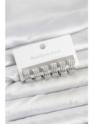 Hatıra Kutusu 316L Çelik Zirkon Taşlı Gümüş Renk Halka Küpe Seti - Lisinya