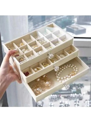 Eco Lounge 3 Çekmeceli Bölmeli Şeffaf Kadife Mücevher Takı Kutusu Küpe Yüzük Kolye Düzenleyici Organizer