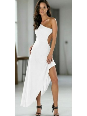 Hafif Giyim Fantezi Seksi Tek Omuz Asimetrik Yırtmaçlı Sırt Dekolteli Uzun Elbise TP100992HF