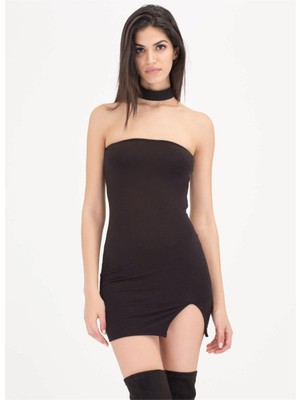 Hafif Giyim Siyah Fantezi Seksi Omuzu Açık Yırtmaç Detaylı Mini Elbise TP101426HF