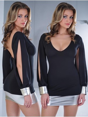 Hafif Giyim Siyah Fantezi Seksi Gümüş Detaylı Derin Yırtmaçlı Kol Mini Elbise TP112117HF