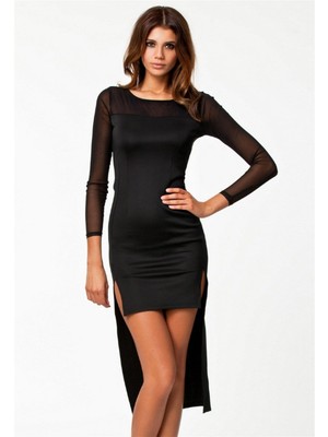 Hafif Giyim Siyah Fantezi Seksi Transparan Uzun Kollu Mini Elbise  TP100775HF