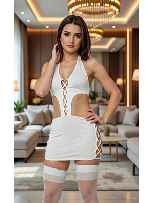 Hafif Giyim Beyaz Fantezi Seksi Bağcıklı Dekolteli Mini Elbise TP091268HF