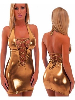 Hafif Giyim Fantezi Seksi Deri Görünümlü Bağcıklı Derin Dekolteli Mini Elbise TP100711HF