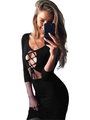 Hafif Giyim Siyah Fantezi Seksi Göğüs Bağcıklı Uzun Kollu Midi Elbise TP101396HF