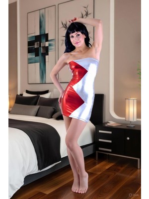 Hafif Giyim Çok Renkli Fantezi Seksi Deri Görünümlü Straplez Mini Elbise TP102731HF