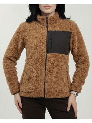 Veleno Kadın Kahverengi Kuzu Welsoft Yünlü Peluş Kürklü Polar Ceket Tam Fermuarlı 3 Cepli