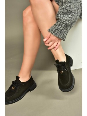 Fox Shoes V944085601 Siyah Hakiki Deri Nubuk Bağcıklı Günlük Kadın Ayakkabı