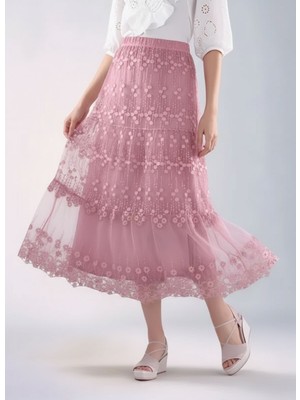 Mamayaga Kadın Etnik Dantel ve Güpür Detaylı Astarlı Büyük Beden Curve Midi Boy Beli Lastikli Spor Şık Etek