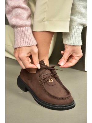 Fox Shoes V944085601 Kahverengi Hakiki Deri Nubuk Bağcıklı Günlük Kadın Ayakkabı