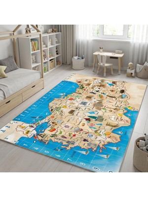 Carpettex Türkiye Haritası Desenli Eğitici Çocuk Halısı – Kaymaz Tabanlı Yıkanabilir Dijital Baskı Dijital