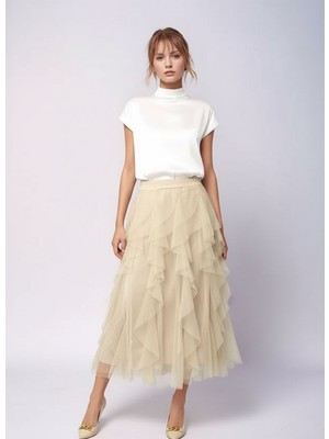 Mamayaga Kadın Katlı Tasarım Yüksek Bel Beli Lastikli Spor Şık Curve Büyük Beden Tül Etek