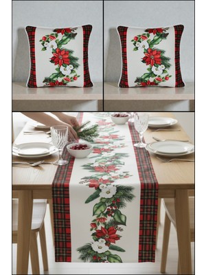Visionario Yılbaşı Temalı Çiçek Desenli Kadife Kırlent Kılıfı ve Masa Runner Seti Dijital Baskı