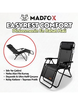 Madfox Easyrest Katlanır Şezlong Sandalye Gri Metal Malzeme ile Zero Gravity Fonksiyonu