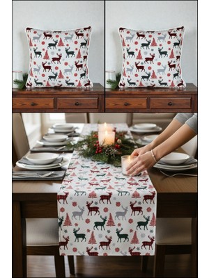 Visionario Yılbaşı Temalı Geyik Desenli Kadife Kırlent Kılıfı ve Masa Runner Seti Dijital Baskı
